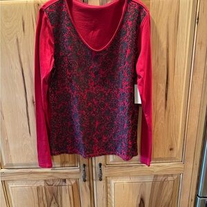 Coldwater Creek Red Scoop Neck Long-Sleeve Top with Black Sequin Print